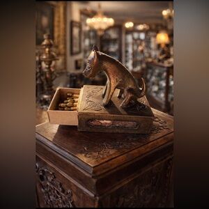 Vintage Unique Rare Bronze Indian Sitting Dog Matchbox Holder With Matches.